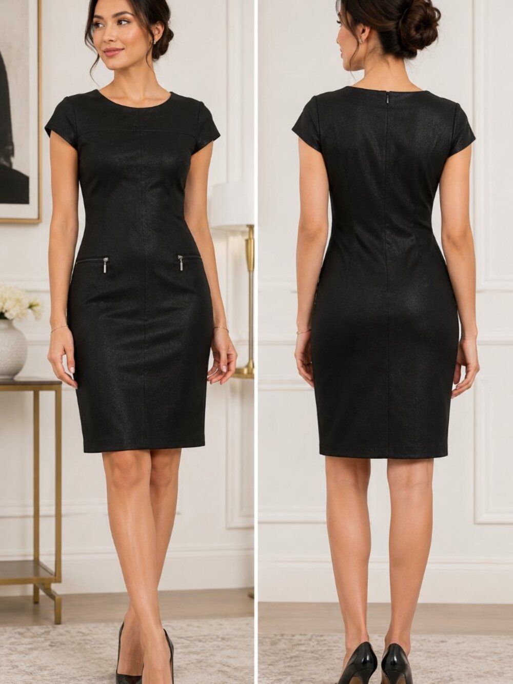 Frank Lyman Black Leather-Look Textured Sheath Dress Zip Detail Size 8 Sample